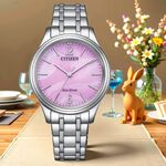 CITIZEN 星辰 光動能大三針時尚女錶 送禮-銀x粉紅/34mm EM0411-71X, , large