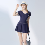 Monina Taiwan-made short-sleeved one-piece swimsuit for big girls, plus size ~ 5L, slim design, blue -M, , large