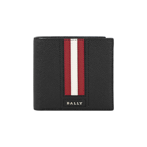 BALLY Trasai 防刮牛皮紅白條紋對開8卡短夾(黑色)