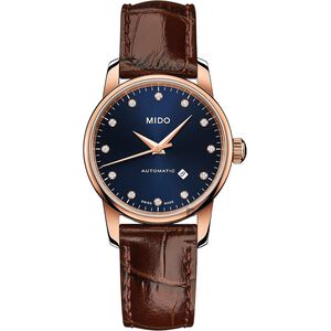 MIDO 美度 永恆系列午夜藍真鑽機械女錶-藍x咖啡錶帶/29mm M76003658