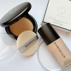 【韓國KARADIUM】SPF50+PA+++膠原蛋白smart防曬粉餅+三重功效遮瑕粉底液 無暇美肌底妝組