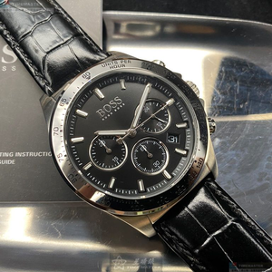 [星晴錶業]BOSS手錶,42mm,HB1513752黑色錶面銀錶殼深黑色真皮皮革錶帶款
