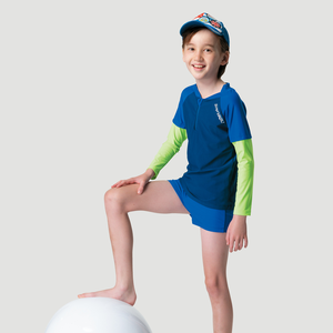 Monina, Made in Taiwan, long-sleeved, UV-resistant two-piece swimsuit, fluorescent blue, suitable for both boys and girls.