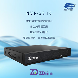 昌運監視器 ZDiiin NVR-5816 800萬畫素 16路 AI智能偵測 網路型錄影主機