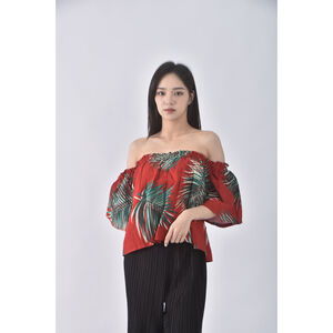 (L) 質感印花一字領紅色上衣二手衣