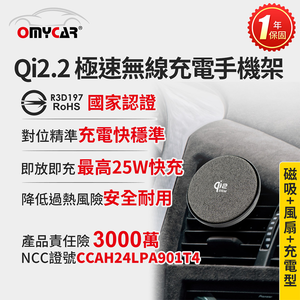 【OMyCar】Qi2.2 極速無線充電手機架(送-冷氣口支架) 國家認證 一年保固 (強力磁吸 感應充電 車用手機架 汽車手機架)