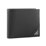 PRADA 銀色三角牌Logo 粒紋皮革對開零錢袋短夾/黑色, , large