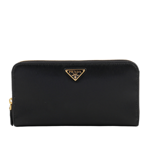 PRADA 三角牌Logo水波紋皮革ㄇ型拉鏈長夾/黑色