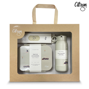 【Citron】經典餐具禮盒(交通工具-三層保溫瓶_250ml+點心盒+兒童餐具四件組_奶油白)