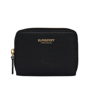 BURBERRY 金字Logo 粒紋牛皮ㄇ形拉鍊零錢包/卡夾包/黑色
