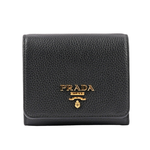 PRADA 浮雕Logo 荔枝皮革暗釦三折短夾/黑色, , large