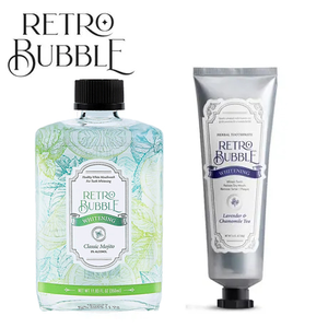 【任e購】RETRO BUBBLE-淨化亮白草本精品牙膏–晚安舒緩茶口味 100g + 乳鐵亮白草本精品漱口水-經典Mojito 350ml