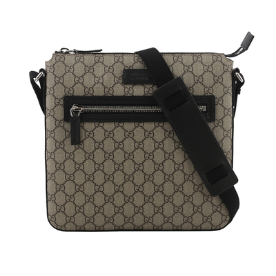 GUCCI GG Supreme 塗層帆布拉鍊口袋郵差包/米色/黑色