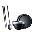 仙德曼雙層304不鏽鋼笠形湯碗-附蓋-20cm-2入-霧黑+316不鏽鋼餐具組-4套入, , large