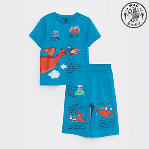 【SOLO Vintage】 Boys Fire-breathing Dragon Cotton Pajama Set Made in Turkey 3-4y