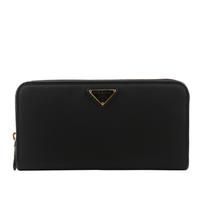 PRADA 金色三角牌Logo 尼龍ㄇ型拉鏈長夾/黑色