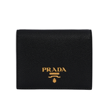 PRADA 浮雕Logo 荔枝皮革內拼色二折零錢袋短夾/黑色/藕粉色, , large