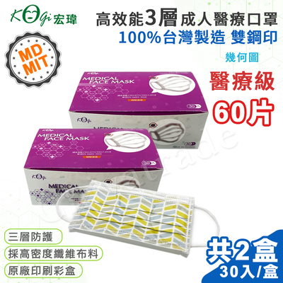 【宏瑋】臺灣製 MD+MIT 雙鋼印 高效能三層不織布 醫療級 醫用成人口罩 60入(幾何圖)