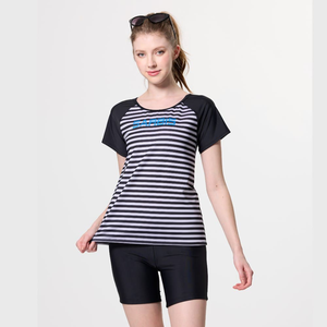 Monina Taiwan-made short-sleeved two-piece swimsuit Black and white staggered waist slimming black