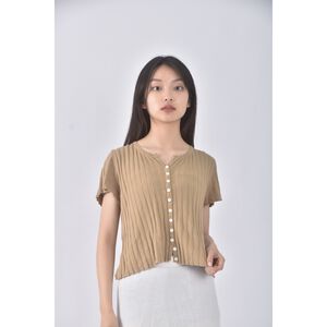 (S) tgys design質感跳色鈕扣杏色短袖上衣二手衣