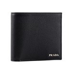 PRADA 銀字Logo 粒紋牛皮內拼色對開8卡短夾/黑色/深藍色, , large