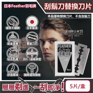 [日日好物]日本Feather羽毛牌-男士美容雙面鉑合金順滑親膚安全刮鬍刀替換刀片-5片/盒(修容刀片,鬢角美型剃刀片,國際通用刀片規格,本品不含刮鬍刀)