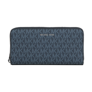 Michael Kors Cooper 銀字滿版塗層帆布ㄇ形拉鍊直式長夾(深藍色)