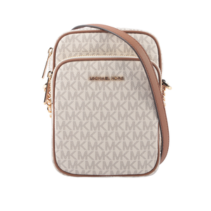 Michael Kors 金字滿版塗層帆布拉鍊中款直式斜背包/香草色
