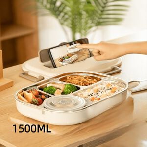 【A&R】日式304不鏽鋼五格微波便當盒附贈湯碗+餐具 1500ML 奶油白
