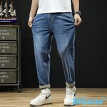 大尺碼-輕薄 涼感 彈性 牛仔褲-深藍-0203036, , large