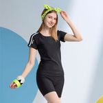 Monina Taiwan-made short-sleeved two-piece swimsuit with white piping on shoulders, black, , large