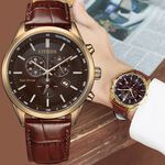CITIZEN 星辰 亞洲限定款 光動能三眼計時手錶 送禮-咖啡x玫瑰金/42mm AT2573-07X, , large