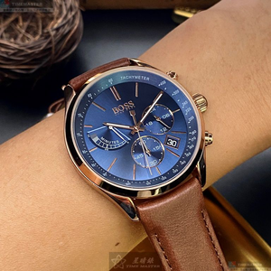 [星晴錶業]BOSS手錶,44mm,HB1513604寶藍色錶面玫瑰金錶殼咖啡色真皮皮革錶帶款