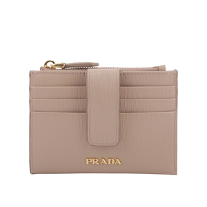 PRADA 金色Logo 水波紋釦式卡夾/拉鍊零錢包/藕粉色