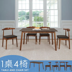 【Homelike】喜家居140cm黑岩板胡桃餐桌椅組(一桌四椅)(2517-21)