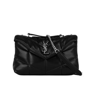 YSL Puffer Toy 銀字縫線小羊皮迷你翻蓋鍊包/黑色