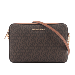 Michael Kors 金字滿版LOGO拚色方形鏈帶斜背包/咖啡色