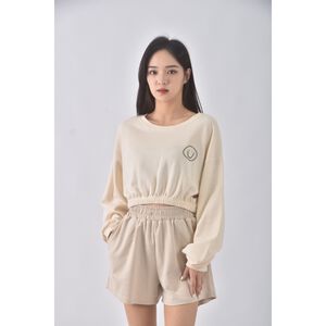 (F) 2two day韓牌質感修身短版笑臉杏色長袖上衣二手衣