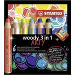 STABILO 德國 思筆樂 woody 3 in 1 ARTY 伍迪樂三合一可水洗水彩粉蠟筆 附削筆器 6支組/盒 ST8806-1-20, , large