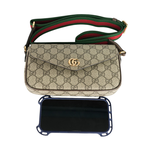 GUCCI Ophidia 塗層帆布及綠紅織帶信封式迷你斜背包/米色/烏木色, , large