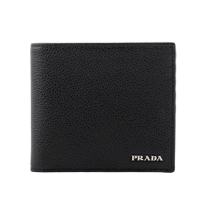 PRADA 銀字Logo 粒紋牛皮對開8卡短夾/黑色