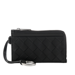 BOTTEGA VENETA L 型銀色拉鍊小牛皮編織附鑰匙釦卡包/零錢包/黑色, , large