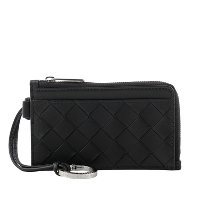BOTTEGA VENETA L 型銀色拉鍊小牛皮編織附鑰匙釦卡包/零錢包/黑色