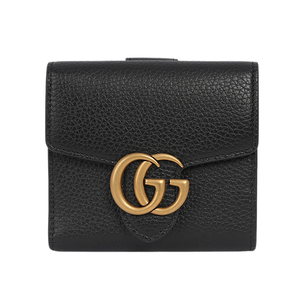 Gucci  Marmont 金色標誌粒紋皮革釦式二折短夾/黑色