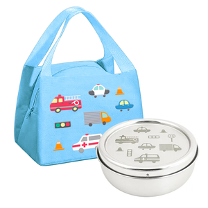【KOM】台灣製316不鏽鋼兒童隔熱碗/附湯匙+防水牛津布保溫便當袋/餐袋 2入組(圖案任選)