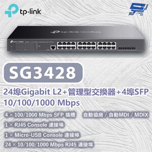 TP-LINK 昌運監視器 SG3428 24埠Gigabit L2+管理型交換器10/100/1000 Mbps