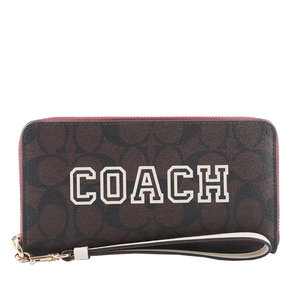COACH Varsity 標誌塗層帆布附可拆提把長夾/巧克力色/白色