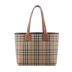 BURBERRY London 經典格紋棉質帆布小型托特包/石楠木棕/黑色, , large