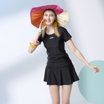 Monina Taiwan-made short-sleeved skirt and pants two-piece swimsuit pure black, , large