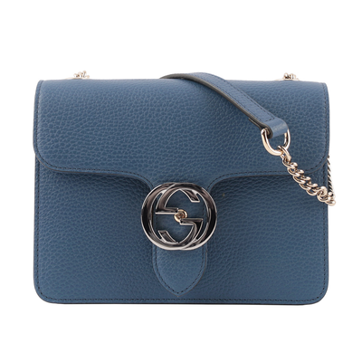 GUCCI 金屬雙G Logo荔枝皮革方形斜揹包/藍色
